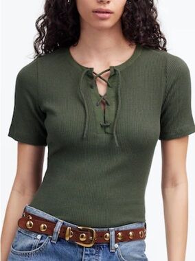 Madewell Olive Ribbed Lace-Up Crop Top